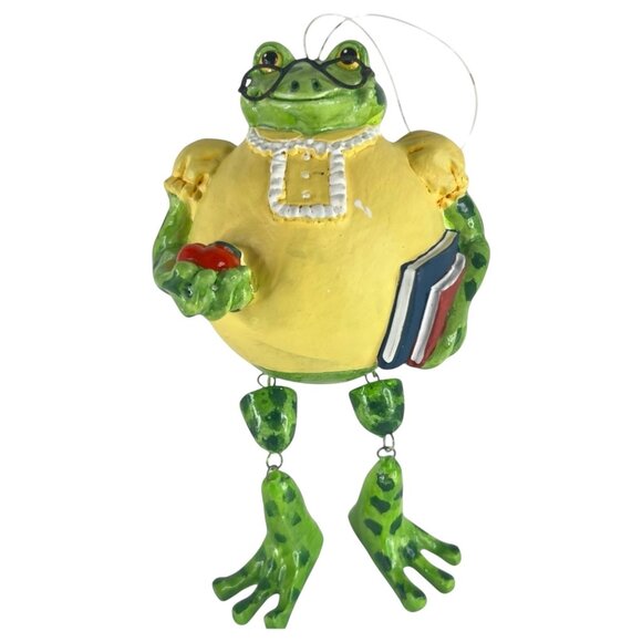 Frog Teacher Christmas Ornament With Apple & Book Dangling Legs Novelty Gallerie - Picture 8 of 8